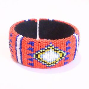 African Inspired Orange Seed Bead Vintage Cuff Bracelet